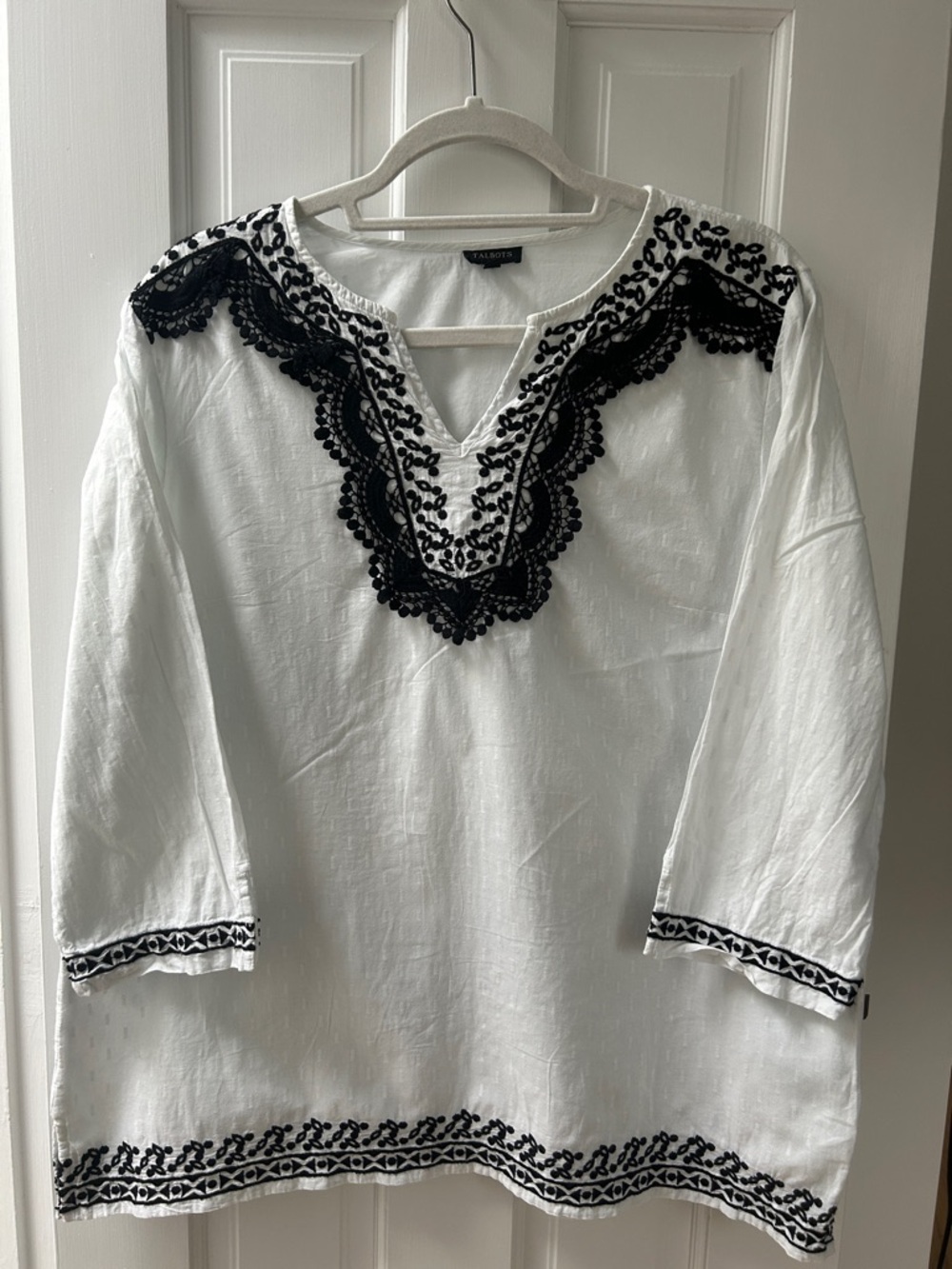 Talbots White Tunic with Black Lace Trim
